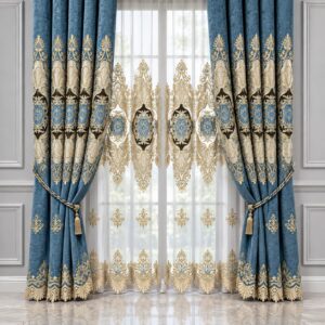 Dusty Teal Blue & Gold Embroidered Curtain Set