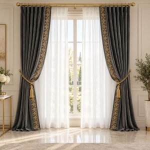 Grey & Gold Velvet Complete Curtain Set