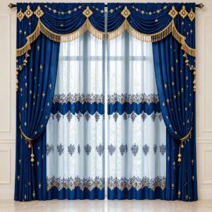 Royal Blue & Gold Embroidered Luxury Curtain Set